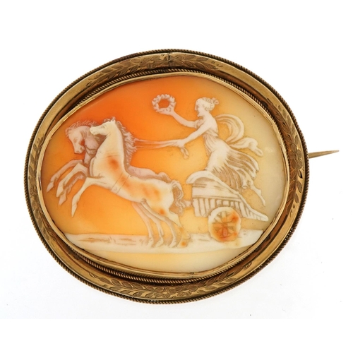 1097 - Large unmarked gold mounted cameo brooch carved with a Grecian female on a chariot housed in a toole... 