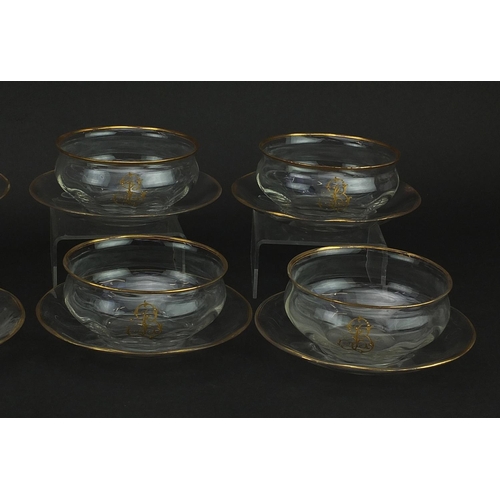 100 - Set of six Venetian glass bowls on stands with gilt monograms and borders, each 11.5cm in diameter