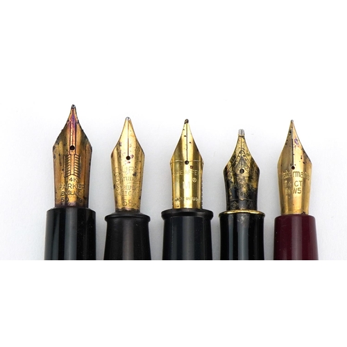 80 - Five vintage fountain pens, four with gold nibs comprising Sheaffer, Parker, Conway Steward and Wate... 