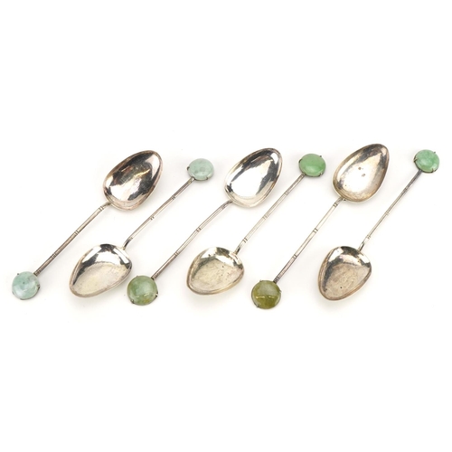174 - Set of six Chinese silver teaspoons with green jade terminals, 10cm in length, 36.0g