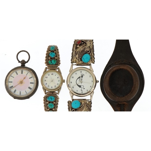 1608 - Watches and accessories comprising two wristwatches with sterling silver mounted straps set with tur... 