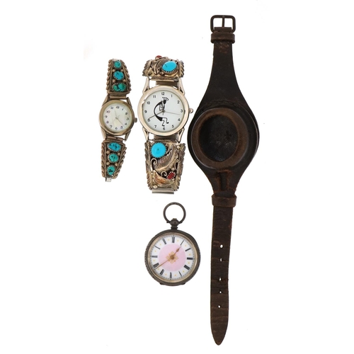 1608 - Watches and accessories comprising two wristwatches with sterling silver mounted straps set with tur... 