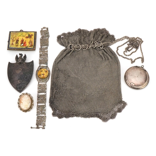 1610 - Antique and later jewellery and objects including an unmarked silver chain mail coin purse, Persian ... 