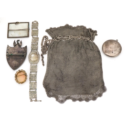 1610 - Antique and later jewellery and objects including an unmarked silver chain mail coin purse, Persian ... 