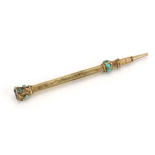 82 - Victorian unmarked gold propelling pencil set with turquoise stones and amethyst, tests as 9ct gold,... 