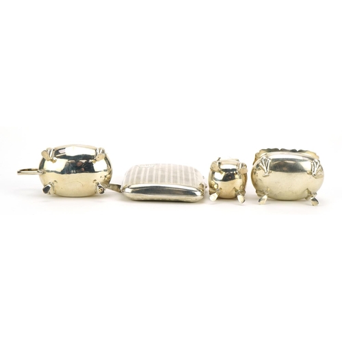 185 - Adie Brothers Ltd, silver three piece cruet set with blue glass liners and a rectangular silver ciga... 