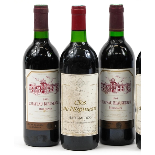 123 - Five bottles of Bordeaux red wine comprising three bottles of 1993 Chateau Beausejour and two bottle... 