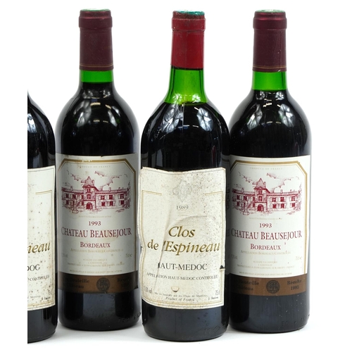 123 - Five bottles of Bordeaux red wine comprising three bottles of 1993 Chateau Beausejour and two bottle... 