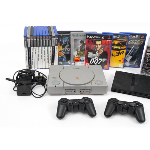 342 - PlayStation 1 and PlayStation 2 Slimline games consoles with controllers and a collection of games