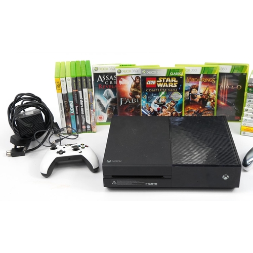 336 - Xbox games console with controllers and a collection of Xbox and Xbox 360 games