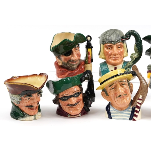 71 - Eight Royal Doulton character jugs comprising Dick Turpin D6528, St George D6618, Smuggler D6616, Go... 