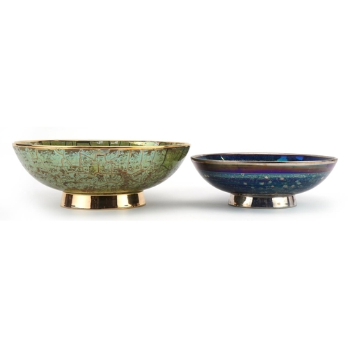 42 - Atkinson Jones, two contemporary lustreware footed bowls including one having a green crackle glaze,... 