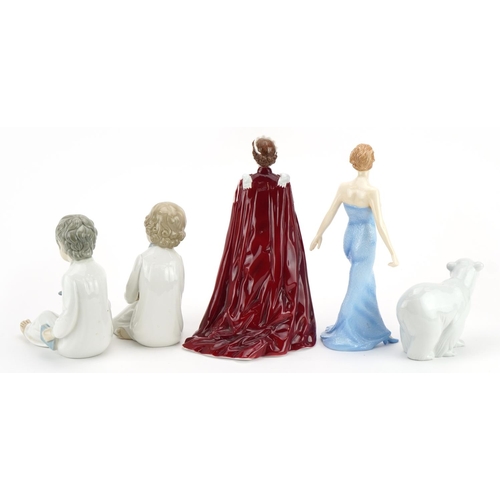 54 - Collectable figures and a Lladro polar bear including Royal Worcester Queen Elizabeth II and Royal D... 