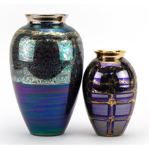 44 - Atkinson Jones, two contemporary lustreware vases having blue glazes, the largest 23.5cm high