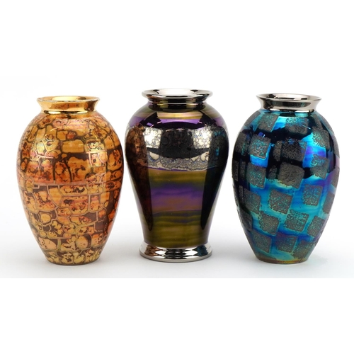 43 - Atkinson Jones, three contemporary lustreware vases including crackle and block design glazes, the l... 