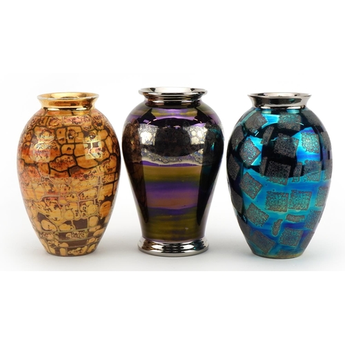 43 - Atkinson Jones, three contemporary lustreware vases including crackle and block design glazes, the l... 