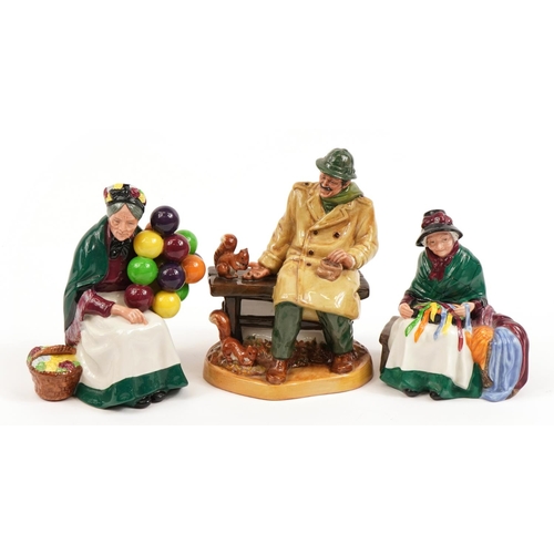 66 - Three Royal Doulton figures comprising Lunchtime HN2485, The Old Balloon Seller HN1315 and Silks & R... 