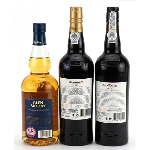 109 - Three bottles of alcohol comprising Graham's Port 2015 and 2017 and Glen Moray single malt Scotch Wh... 