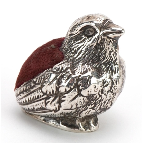 148 - Sampson Mordan & Co Ltd, Edwardian silver bird chick pin cushion, Chester 1906, 4cm high, 36.3g