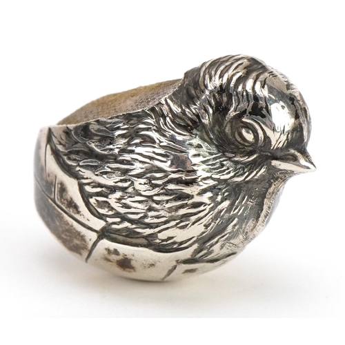 156 - Sampson Mordan & Co Ltd, Edwardian silver pin cushion in the form of a chick, Chester 1908, 2.5cm hi... 