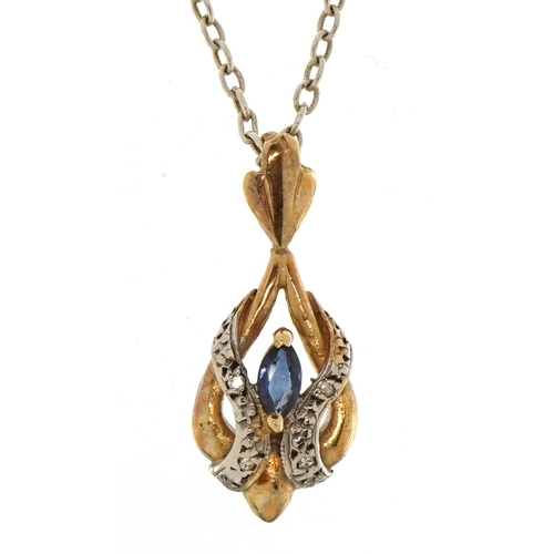 1502 - 9ct gold sapphire and diamond crossover drop pendant on a silver necklace, 2.2cm high and 50cm in le... 