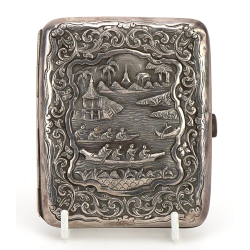 175 - Unmarked Chinese rectangular silver cigarette case embossed with figures in rowing boats and foliage... 
