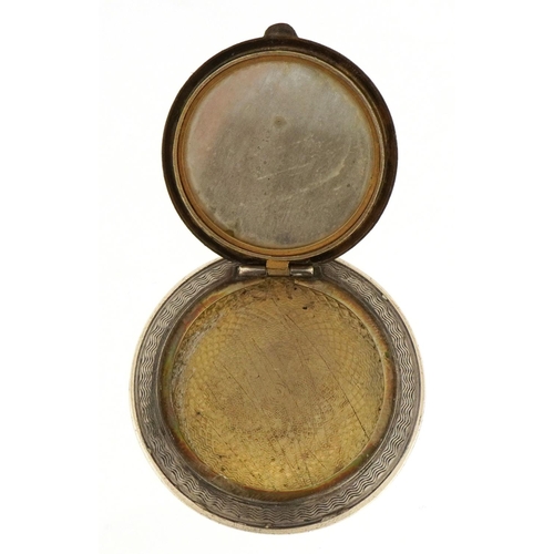 194 - Circular continental 835 grade silver and guilloche enamel compact pendant with gilt interior, 4.2cm... 