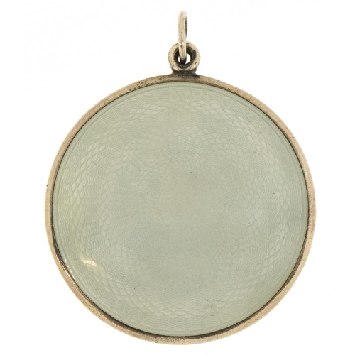 194 - Circular continental 835 grade silver and guilloche enamel compact pendant with gilt interior, 4.2cm... 