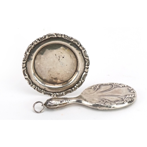 190 - Art Nouveau style silver hand mirror pendant and sterling silver doll's house tray, the largest 7.5c... 