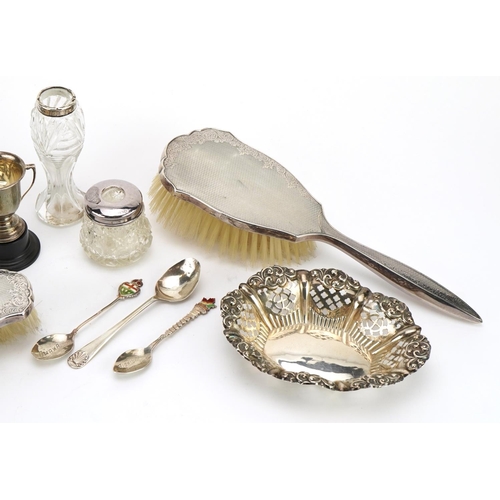 159 - Silver items including a four piece dressing table set by W I Broadway & Co, miniature trophy with t... 