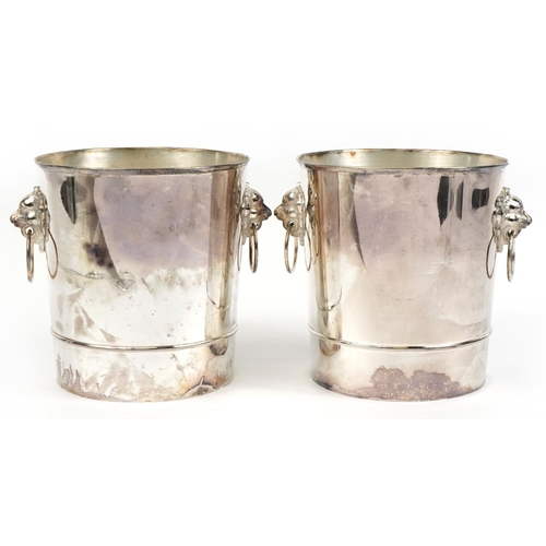 102 - Pair of silver plated Champagne ice buckets with ring turned mask handles, each 23cm high
