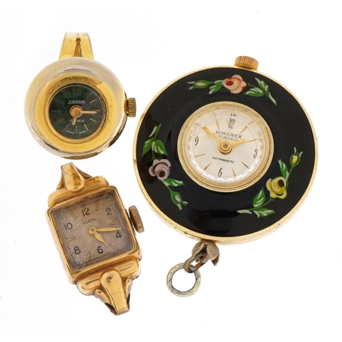 1589 - Three ladies watches comprising Sorna ring watch, Elgin wristwatch and Rimarex fob watch