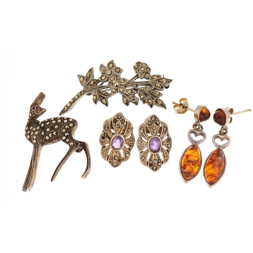 1539 - Silver jewellery comprising two marcasite brooches and two pairs of earrings set with amethyst and a... 