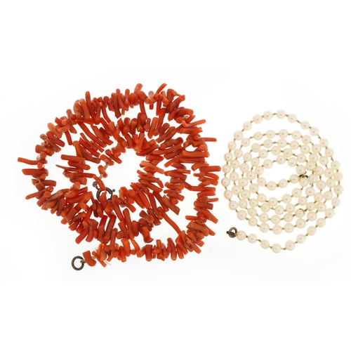 1573 - Natural coral necklace and a cultured pearl necklace