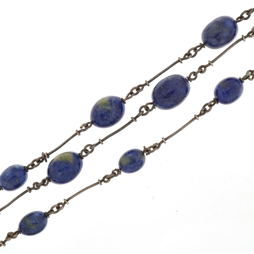 1504 - Silver and blue hardstone necklace with matching bracelet 90cm and 20cm in length, total 84.5g