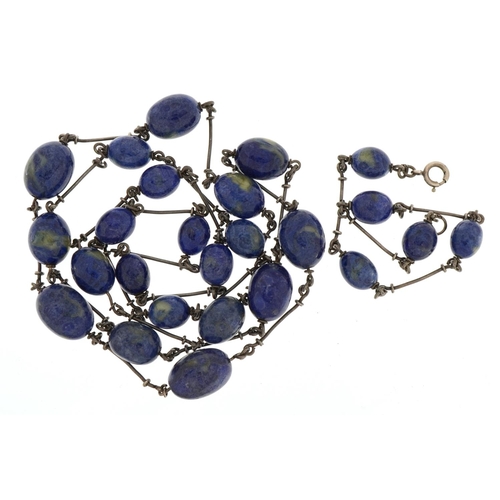 1504 - Silver and blue hardstone necklace with matching bracelet 90cm and 20cm in length, total 84.5g