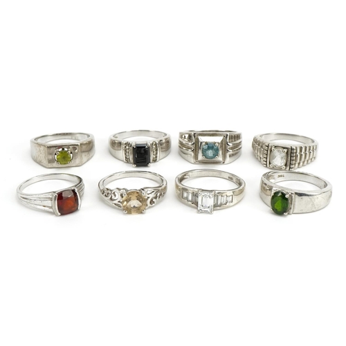 1535 - Eight silver semi precious stone rings including peridot, citrine and cubic zirconia, various sizes,... 