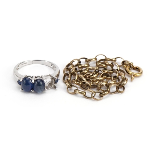 1530 - 9ct white gold cabochon sapphire ring and a 9ct Belcher link chain, the ring size N, total 7.2g