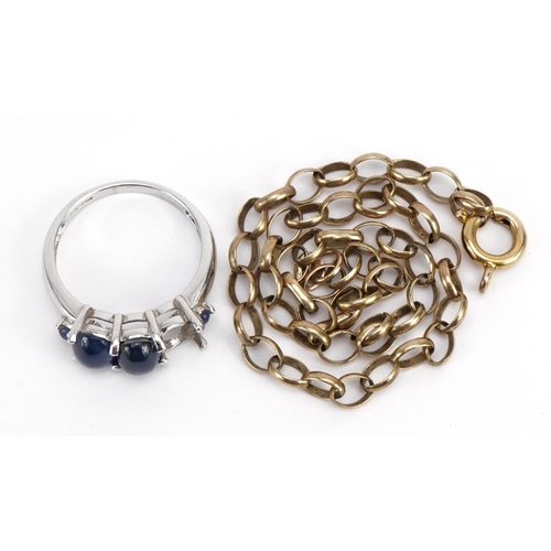 1530 - 9ct white gold cabochon sapphire ring and a 9ct Belcher link chain, the ring size N, total 7.2g