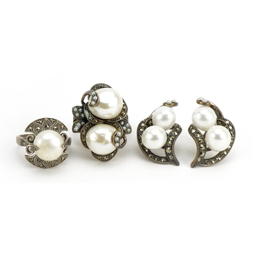 1607 - Silver, freshwater pearl and marcasite jewellery including pair of earrings and matching ring, the r... 