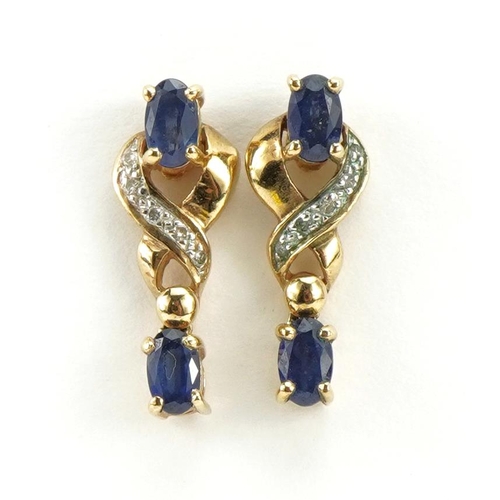 1074 - Pair of 9ct gold sapphire and diamond crossover drop earrings, 1.9cm high, 2.4g