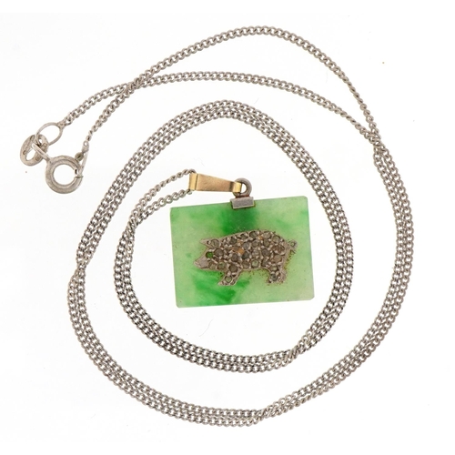 1543 - Chinese green jade pig zodiac sign pendant set with diamonds on a 9ct white gold curb link necklace,... 