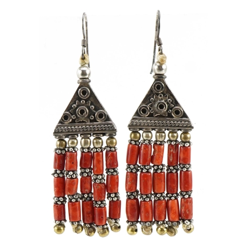 1563 - Pair of silver Berber Moroccan coral drop earrings, 7cm high, 23.4g