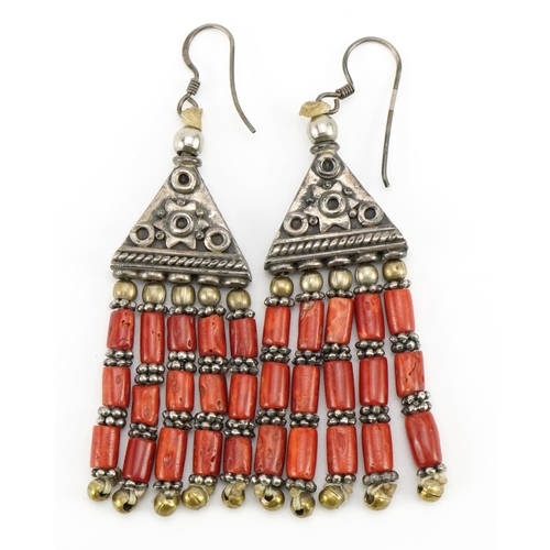 1563 - Pair of silver Berber Moroccan coral drop earrings, 7cm high, 23.4g