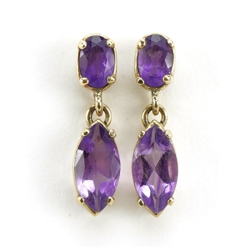 1103 - Pair of 9ct gold amethyst drop earrings, 2.1cm high, 2.4g