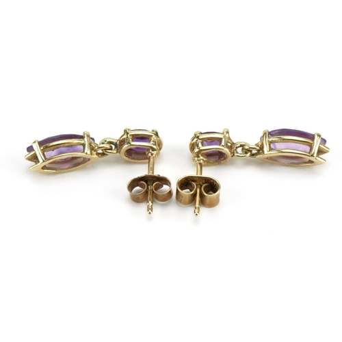 1103 - Pair of 9ct gold amethyst drop earrings, 2.1cm high, 2.4g