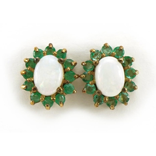 1095 - Pair of 9ct gold opal and emerald cluster stud earrings, 1.2cm high, 2.0g