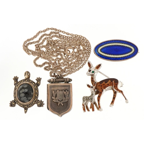 1596 - Silver and white metal jewellery including shield design locket, enamelled brooch and a marcasite br... 