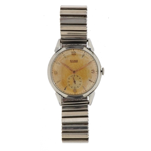 1566 - Cyma, vintage gentlemen's Cyma Tavannes stainless steel wristwatch with subsidiary dial, the case nu... 