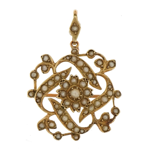 1083 - Art Nouveau 9ct gold seed pearl drop pendant brooch, 3.6cm high, 5.4g